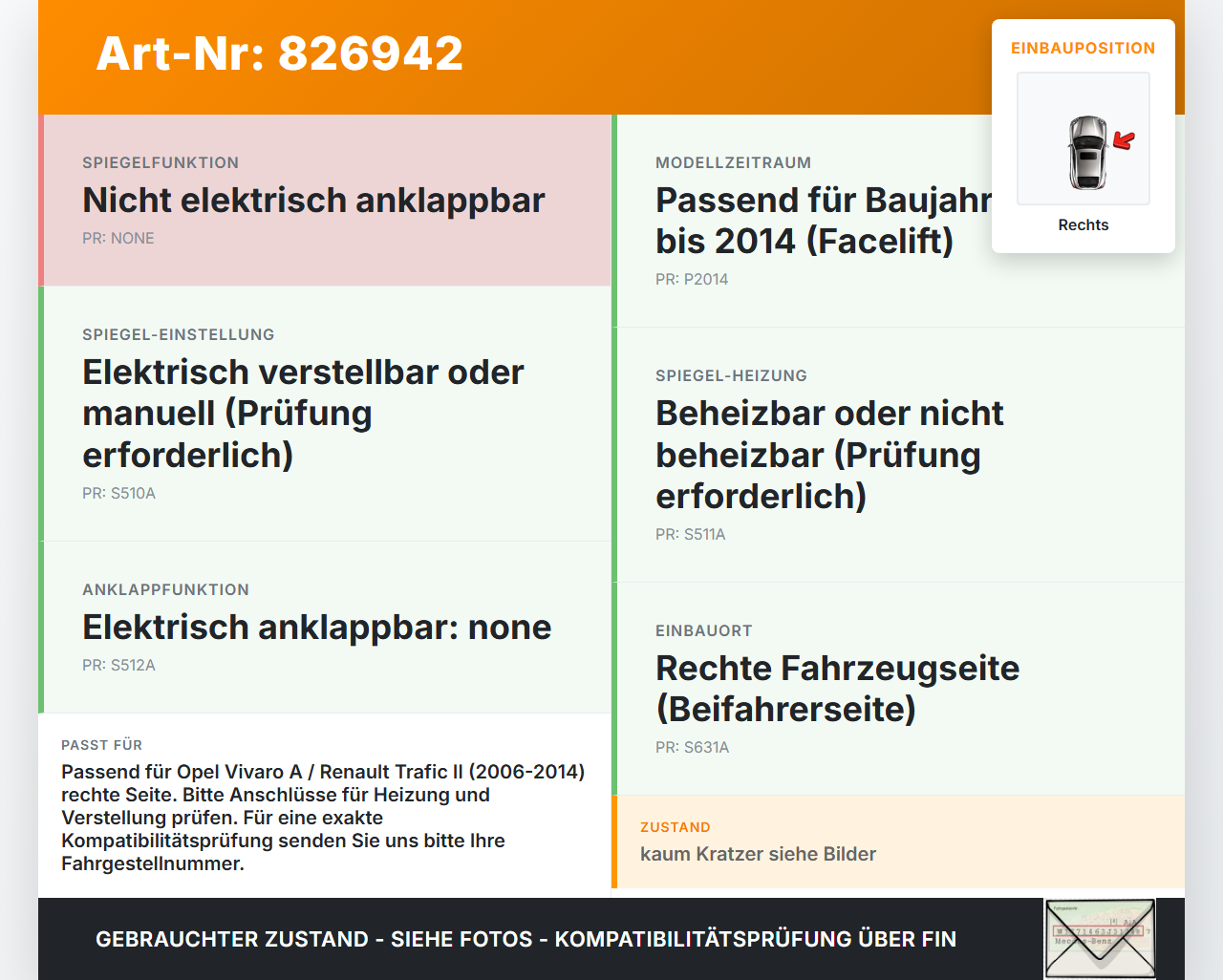 Opel Trafic Vivaro F7 06-14 Spiegel Aussenspiegel Rechts 10U Opel Trafic Vivaro F7 06-14 28.10.2009 gebraucht Vorschau 3