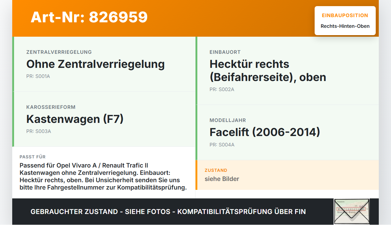 Opel Trafic Vivaro F7 06-14 Kasten Türschloss ohne ZV Rechts Hinten Oben Opel Trafic Vivaro F7 06-14 28.10.2009... Vorschau 3