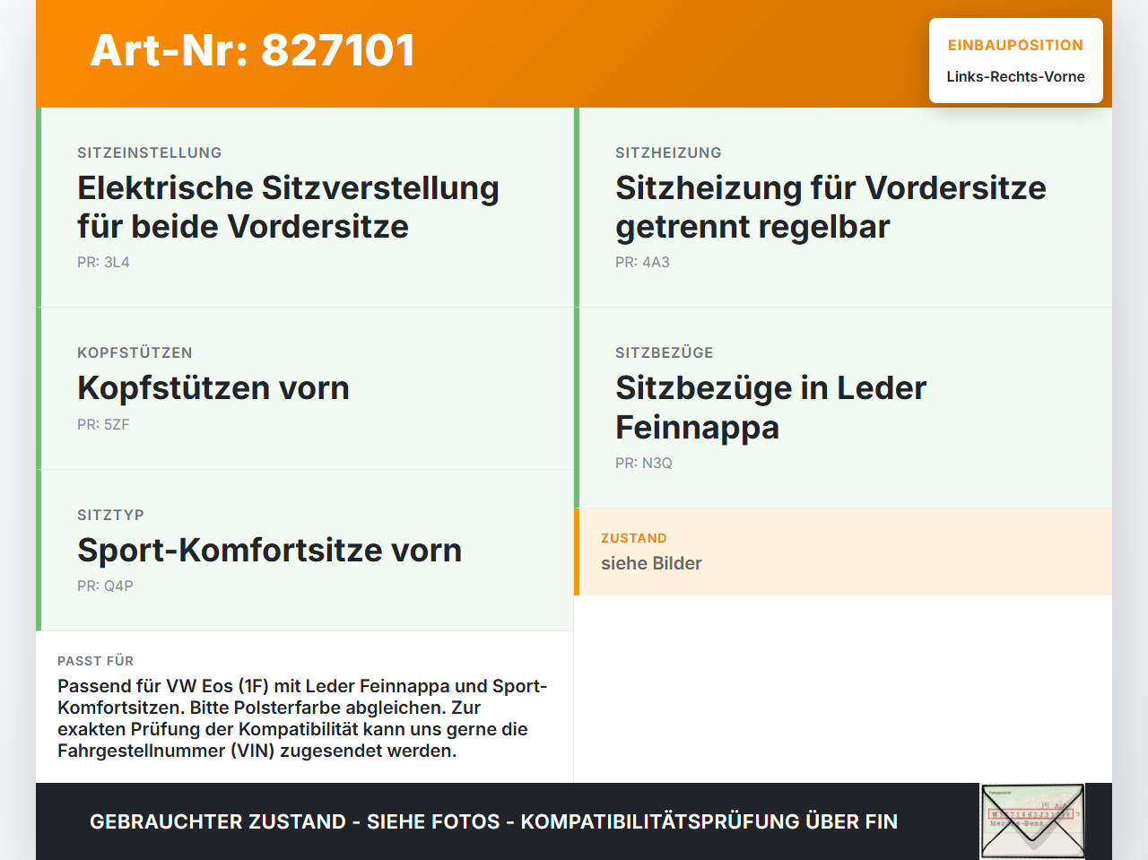 VW EOS 1F 06-09 Leder Kopfstütze für Fahrer Sitz Rechts oder Links Vorne VW EOS 1F 06-09 13.07.2009 gebraucht Vorschau 3