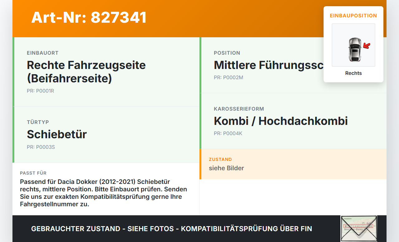 Dacia Dokker SD 12-21 Kombi Führungsrolle für Schiebetür Rechts Mitte Dacia Dokker SD 12-21 01.04.2013 gebraucht Vorschau 3