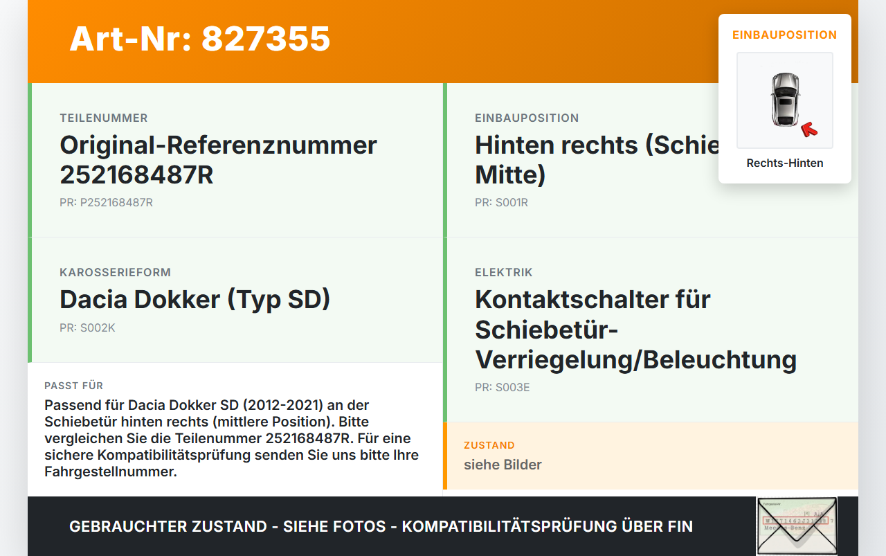 Dacia Dokker SD 12-21 Kontaktschalter Schalter für Tür Rechts Hinten Mitte Dacia Dokker SD 12-21 01.04.2013... Vorschau 3