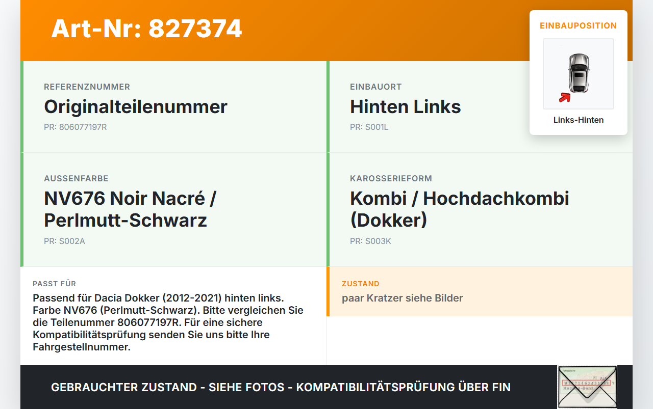 Dacia Dokker SD 12-21 Kombi Türgriff Griff aussen Links Hinten NV676 Dacia Dokker SD 12-21 01.04.2013 806077197R... Vorschau 3