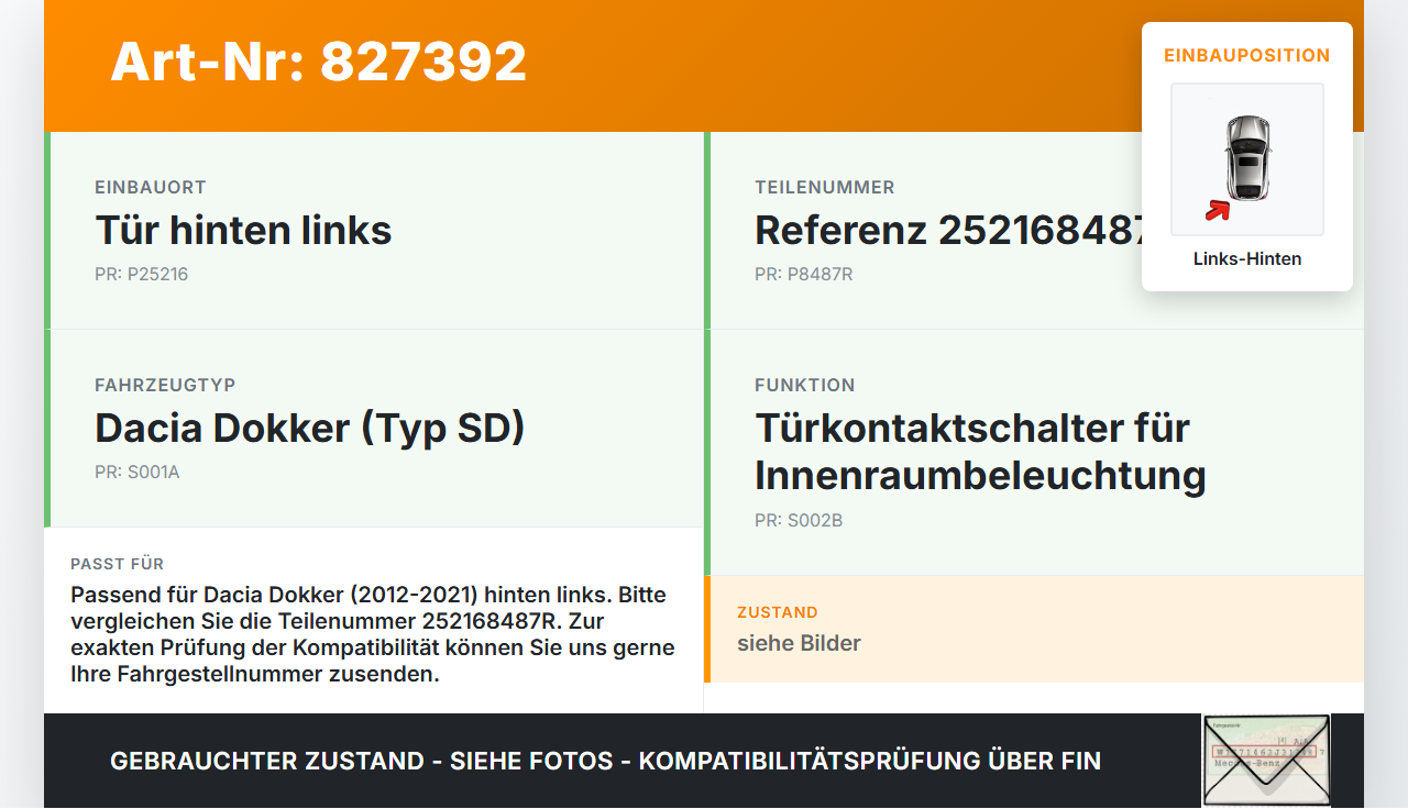 Dacia Dokker SD 12-21 Kontaktschalter Schalter für Tür Links Hinten Dacia Dokker SD 12-21 01.04.2013 252168487R... Vorschau 3