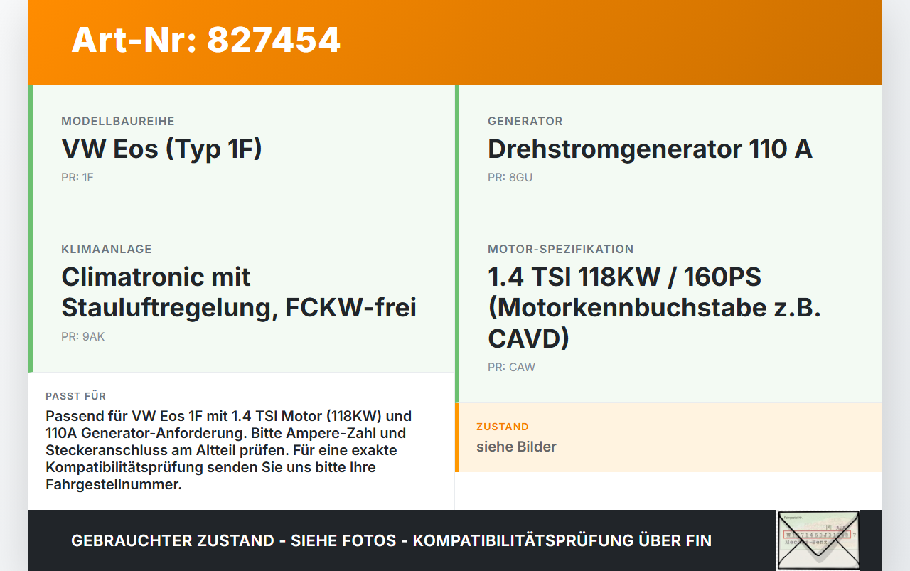 VW EOS 1F 06-09 TSI 1,4 118KW Lichtmaschine Generator 110A VW EOS 1F 06-09 13.07.2009 gebraucht Vorschau 3