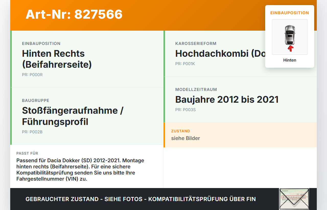 Dacia Dokker SD 12-21 Kombi Halter Träger Aufnahme Führung für Stoßstange Recht Hinten Dacia Dokker SD 12-21... Vorschau 3
