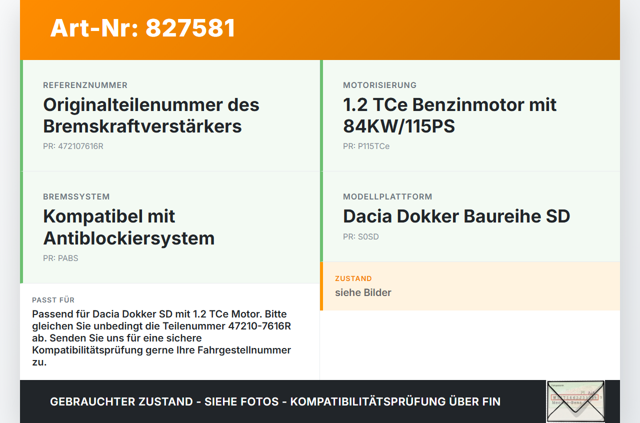 Dacia Dokker SD 12-21 TCe 115 1,2 84KW Bremskraftverstärker Dacia Dokker SD 12-21 01.04.2013 47210-7616R... Vorschau 3