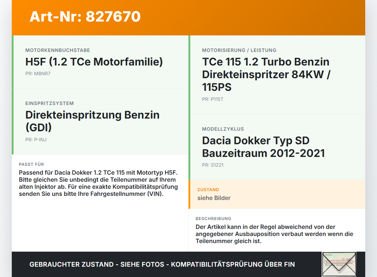 Dacia Dokker SD 12-21 TCe 115 1,2 84KW Injektor Einspritzdüse Zyl.2 Dacia Dokker SD 12-21 01.04.2013 4350R-0060... Vorschau 3
