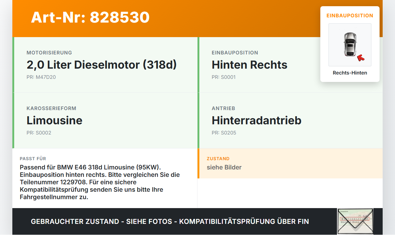 BMW E46 3er 318d 01-05 Lim 2,0d 95KW Antriebswelle Gelenkwelle Rechts Hinten BMW E46 3er 318d 01-05 23.10.2003... Vorschau 3