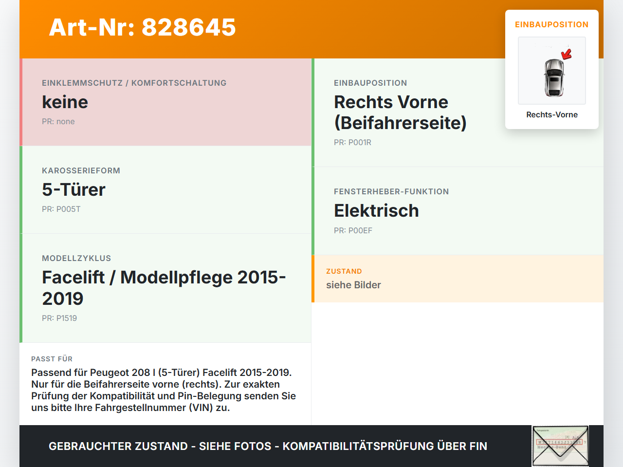 Peugeot 208 I CA 15-19 5T Fensterhebermotor mit Fensterheber Rechts Vorne Peugeot 208 I CA 15-19 26.10.2017... Vorschau 3