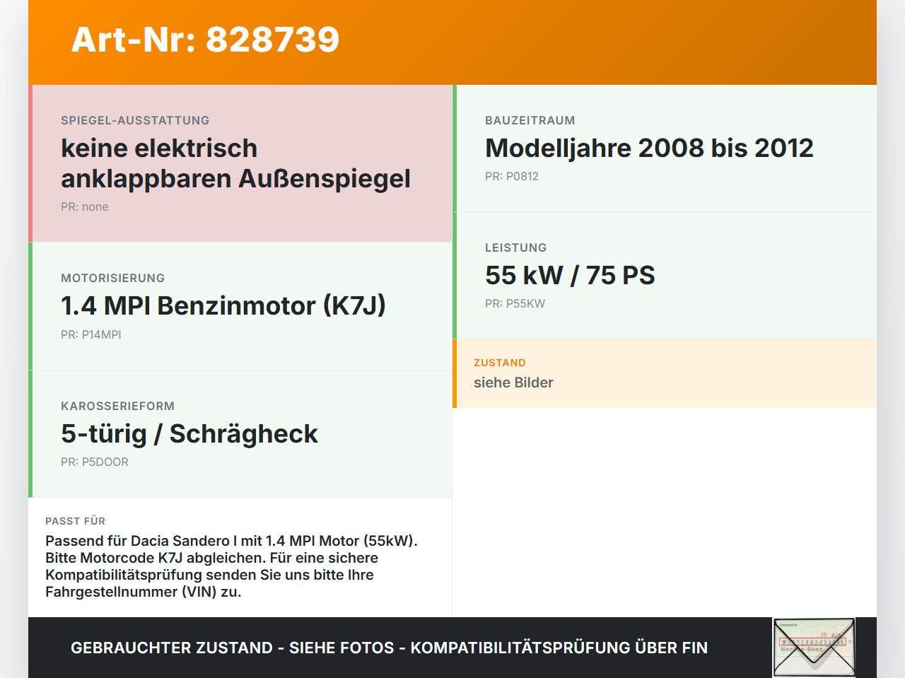 Dacia Sandero I 5P 08-12 MPI 1,4 55KW Anlasser Starter Dacia Sandero I 5P 08-12 09.09.2009 gebraucht Vorschau 3