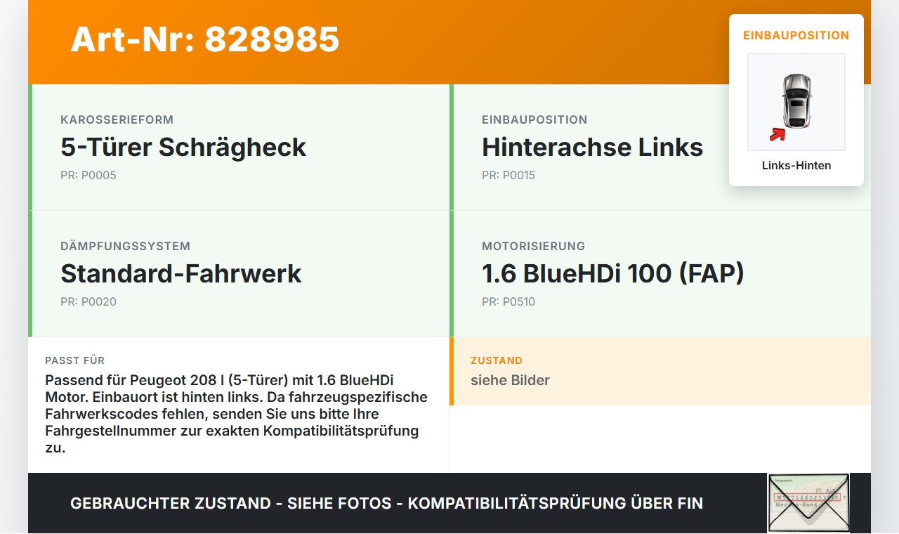 Peugeot 208 I CA 15-19 5T Stossdämpfer Links Hinten Peugeot 208 I CA 15-19 26.10.2017 gebraucht Vorschau 3