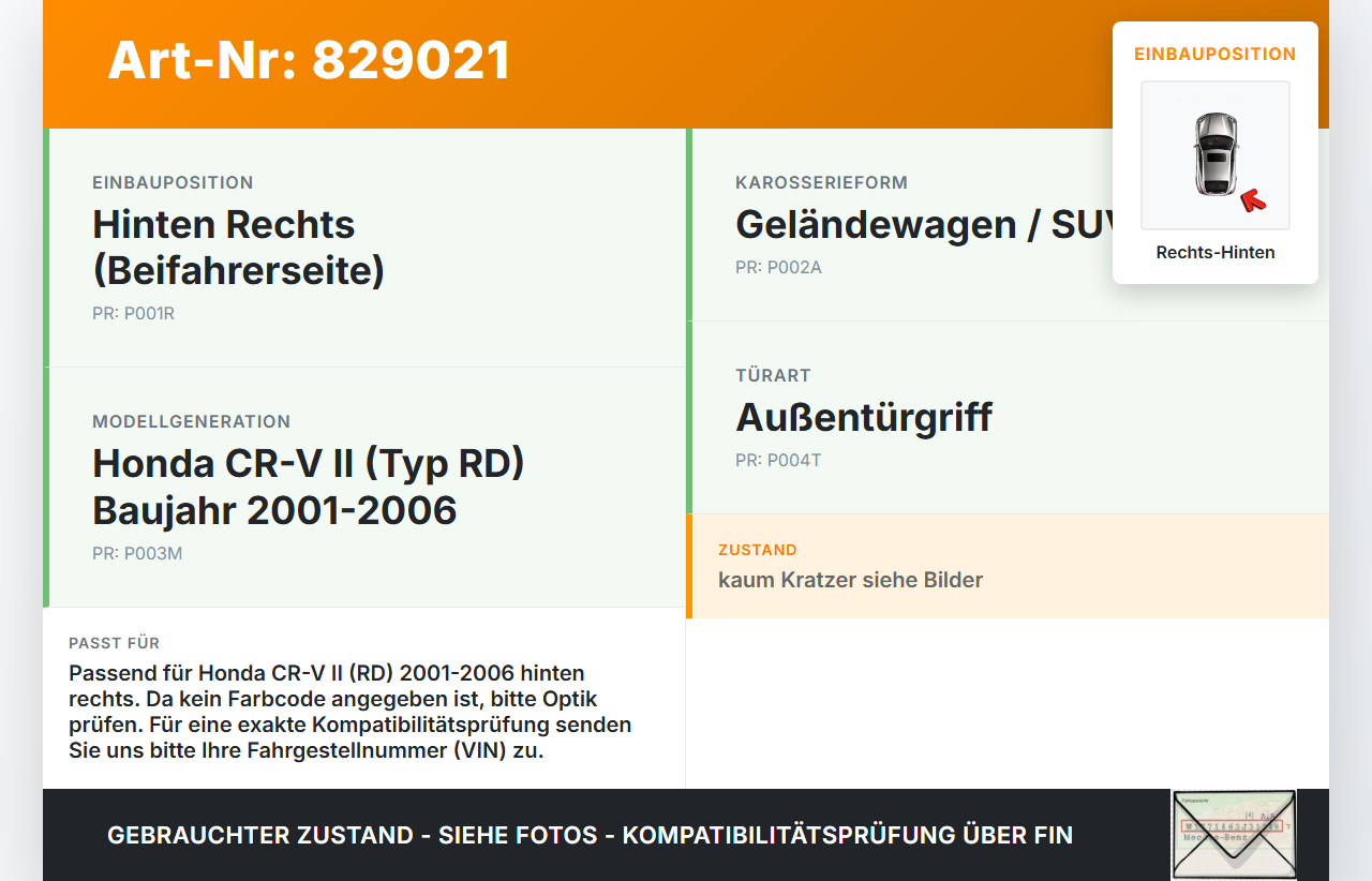 Honda CR-V II RD 01-06 Geländewagen Griff Türgriff Aussen Rechts Hinten Honda CR-V II RD 01-06 01.01.2004 gebraucht Vorschau 3