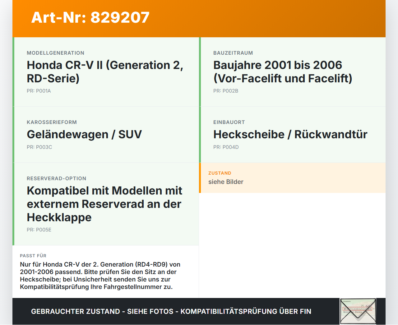 Honda CR-V II RD 01-06 Geländewagen Dichtung für Heckscheibe Rückwand Honda CR-V II RD 01-06 01.01.2004 gebraucht Vorschau 3