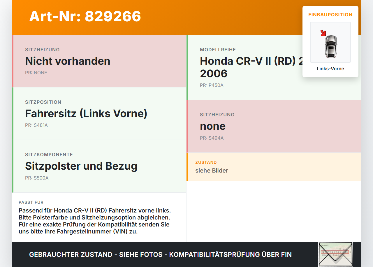 Honda CR-V II RD 01-06 Geländewagen Sitzbezug Sitzpolster für Fahrersitz Sitz Links Vorne Honda CR-V II RD 01-06... Vorschau 3