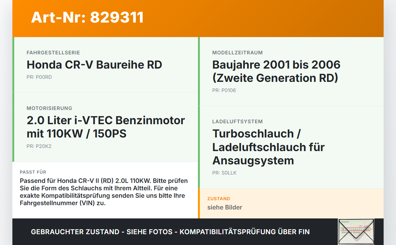 Honda CR-V II RD 01-06 2,0 110KW Turboschlauch Ladeluftschlauch Schlauch Honda CR-V II RD 01-06 01.01.2004 gebraucht Vorschau 3