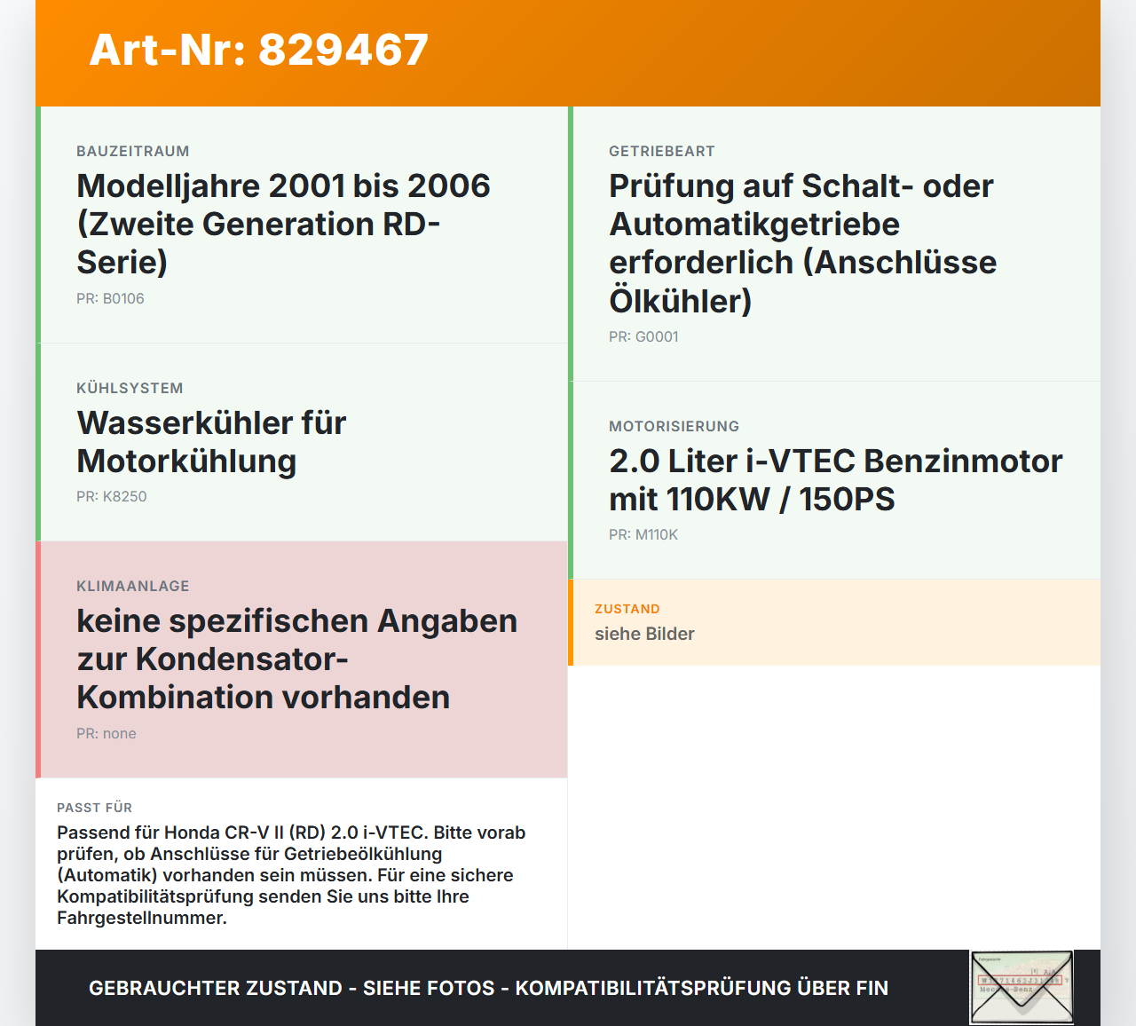 Honda CR-V II RD 01-06 2,0 110KW Wasserkühler Kühler Honda CR-V II RD 01-06 01.01.2004 gebraucht Vorschau 3