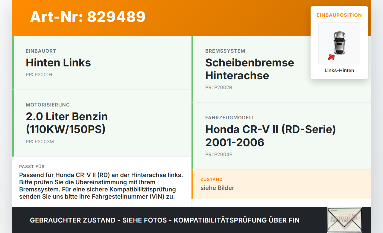 Honda CR-V II RD 01-06 2,0 110KW Bremssattel Bremszange Hinten Links Honda CR-V II RD 01-06 01.01.2004 gebraucht Vorschau 3