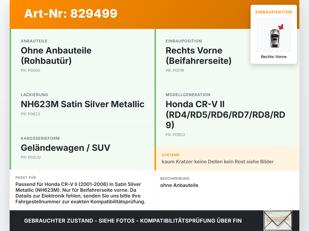 Honda CR-V II RD 01-06 Geländewagen Tür Beifahrertür Rechts Vorne NH623M Honda CR-V II RD 01-06 01.01.2004 gebraucht Vorschau 3