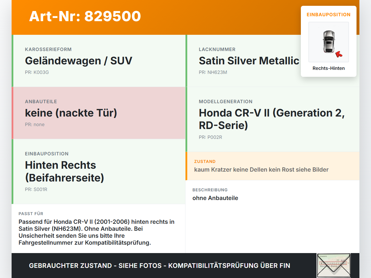 Honda CR-V II RD 01-06 Geländewagen Tür Rechts Hinten NH623M Honda CR-V II RD 01-06 01.01.2004 gebraucht Vorschau 3