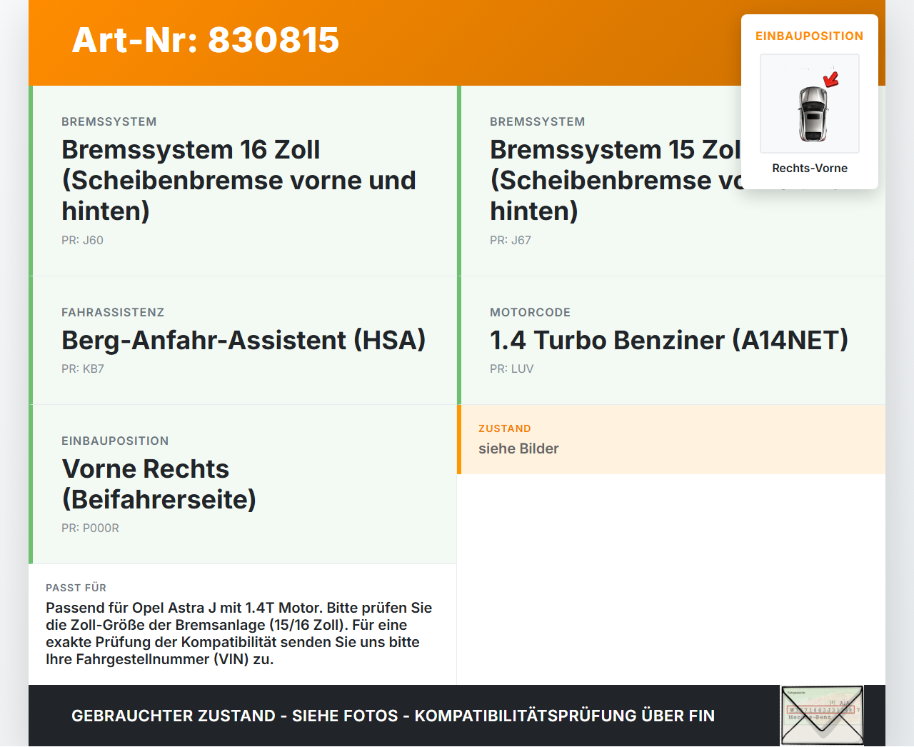 Opel Astra J 09-12 1,4T Bremssattel Bremszange Vorne Rechts Opel Astra J 09-12 15.12.2011 gebraucht Vorschau 3