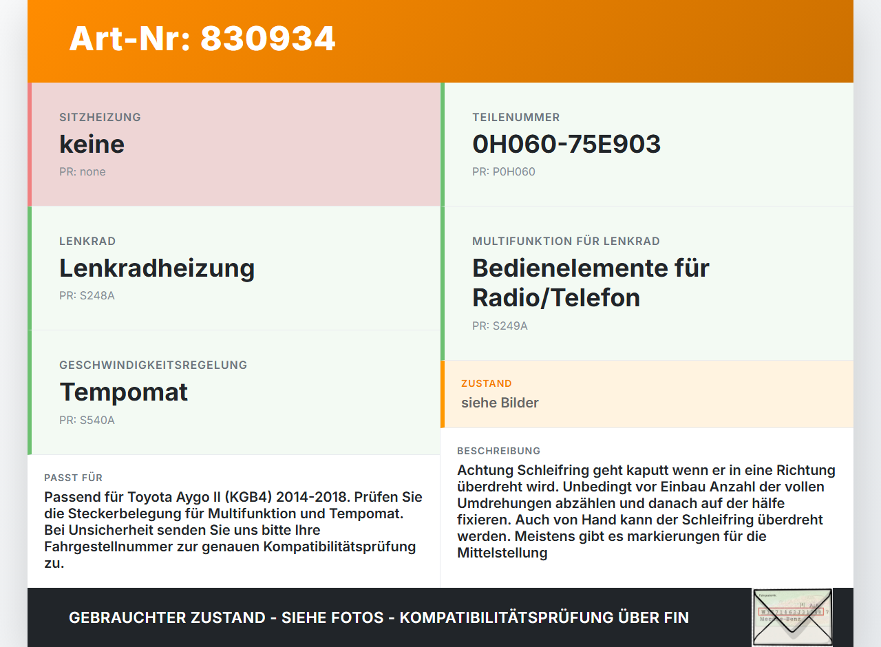 Toyota Aygo II KGB4 14-18 Airbag Schleifring Wickelfeder Toyota Aygo II KGB4 14-18 14.12.2015 0H060-75E903 gebraucht Vorschau 3