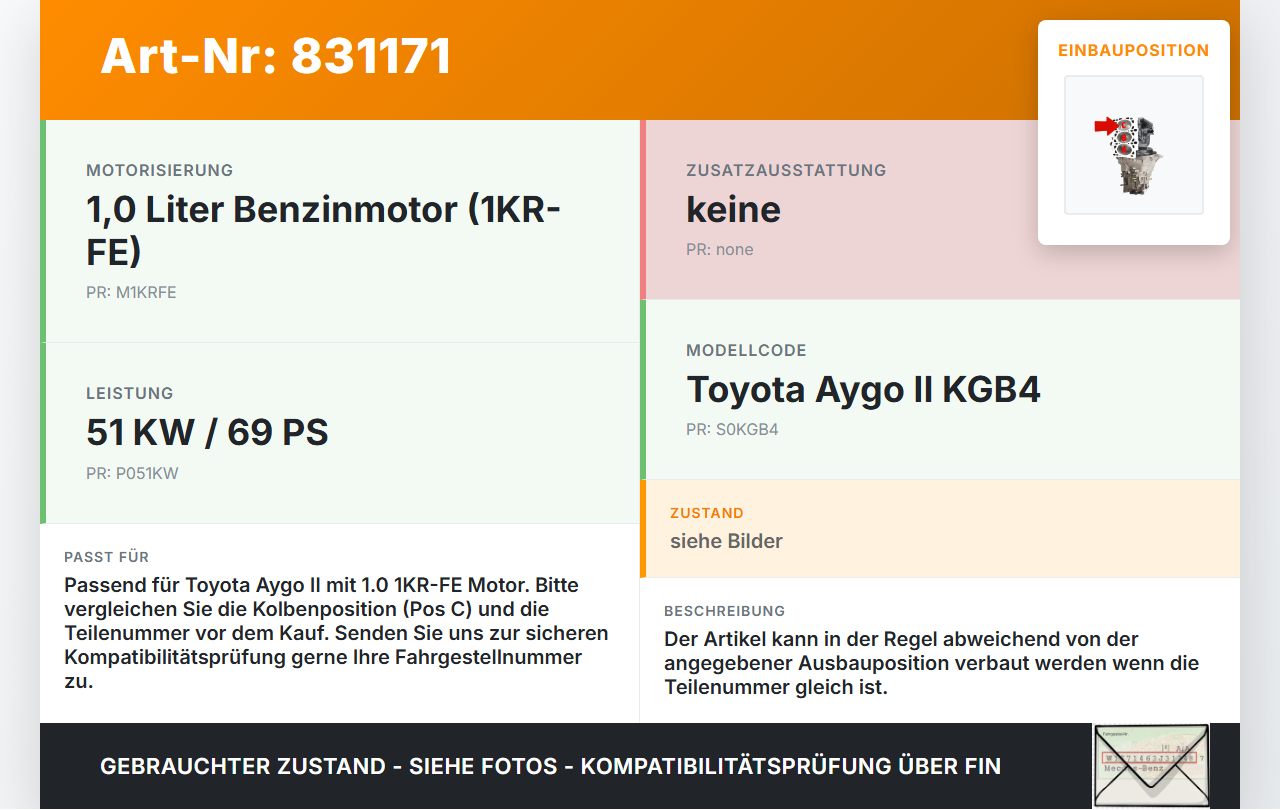 Toyota Aygo II KGB4 14-18 1,0 51KW 1KRFE Kolben mit Pleuel Pos C Toyota Aygo II KGB4 14-18 14.12.2015 gebraucht Vorschau 3