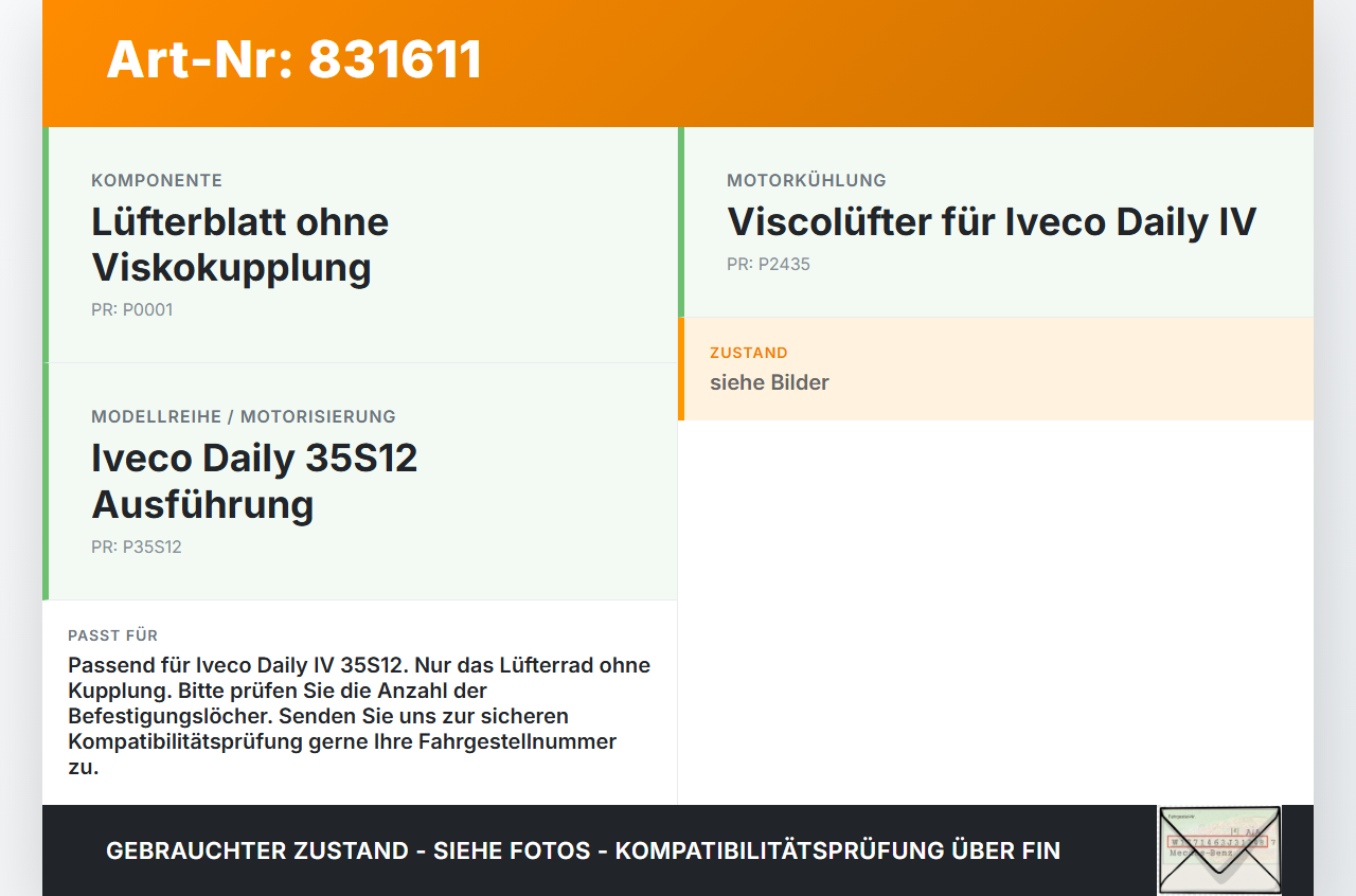 Iveco Daily IV 35S12 06-11 2,3d 100KW Viscolüfter Lüfterrad Lüfterblatt ohne Viskokupplung Iveco Daily IV 35S12... Vorschau 3