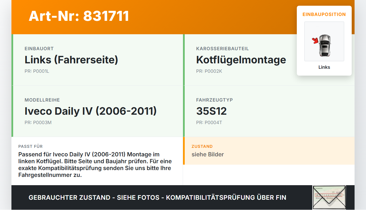 Iveco Daily IV 35S12 06-11 Blinker Blinkleuchte Links für Kotflügel Iveco Daily IV 35S12 06-11 01.02.2008 gebraucht Vorschau 3