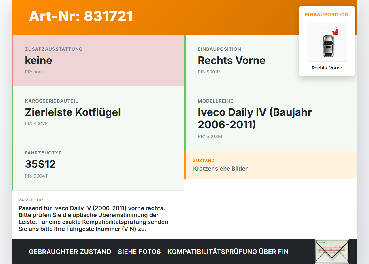 Iveco Daily IV 35S12 06-11 Leiste Zierleiste für Kotflügel Rechts Vorne Iveco Daily IV 35S12 06-11 01.02.2008 gebraucht Vorschau 3