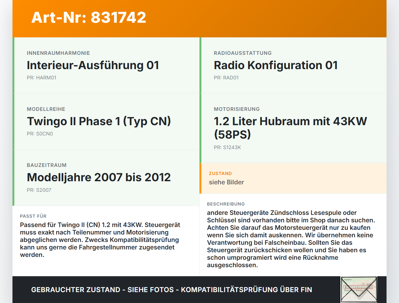TWINGO II CN 07-12 1,2 43KW Steuergerät ECU für Motor Motorsteuergerät TWINGO II CN 07-12 11.09.2008 8200774747... Vorschau 3