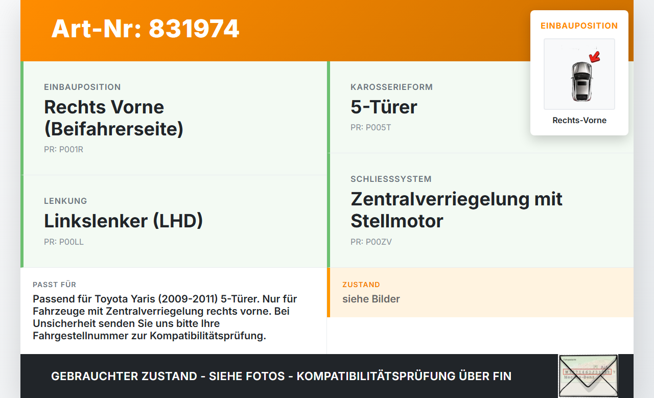 Toyota Yaris 09-11 5T Türschloss m. ZV Stellmotor Rechts Vorne Toyota Yaris 09-11 01.10.2010 gebraucht Vorschau 3
