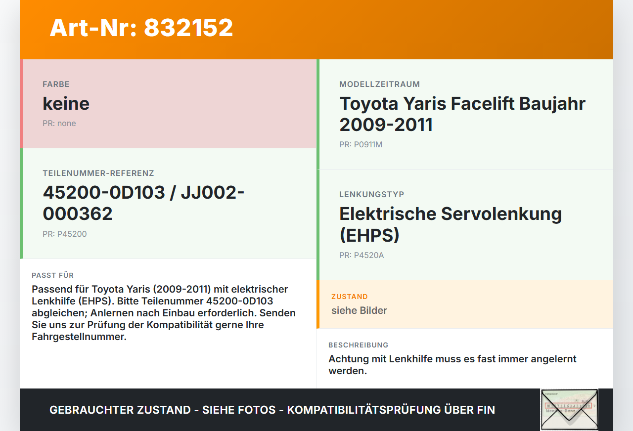 Toyota Yaris 09-11 Lenkhilfe elektr. Toyota Yaris 09-11 01.10.2010 45200-0D103 JJ002-000362 gebraucht Vorschau 3