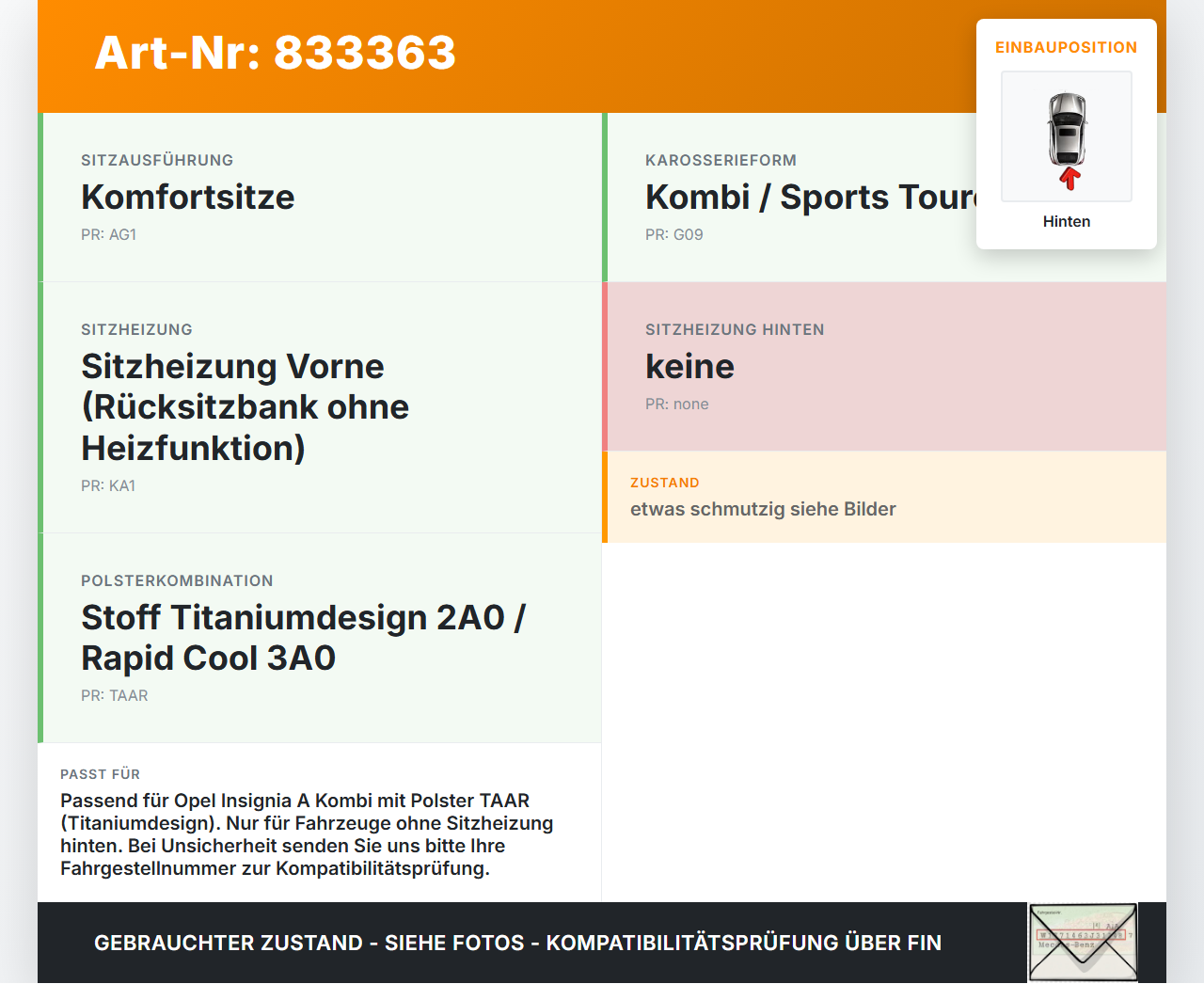 Opel Insignia A G09 08-13 Kombi Sitzpolster für Rücksitzbank Hinten Opel Insignia A G09 08-13 12.11.2009 gebraucht Vorschau 3