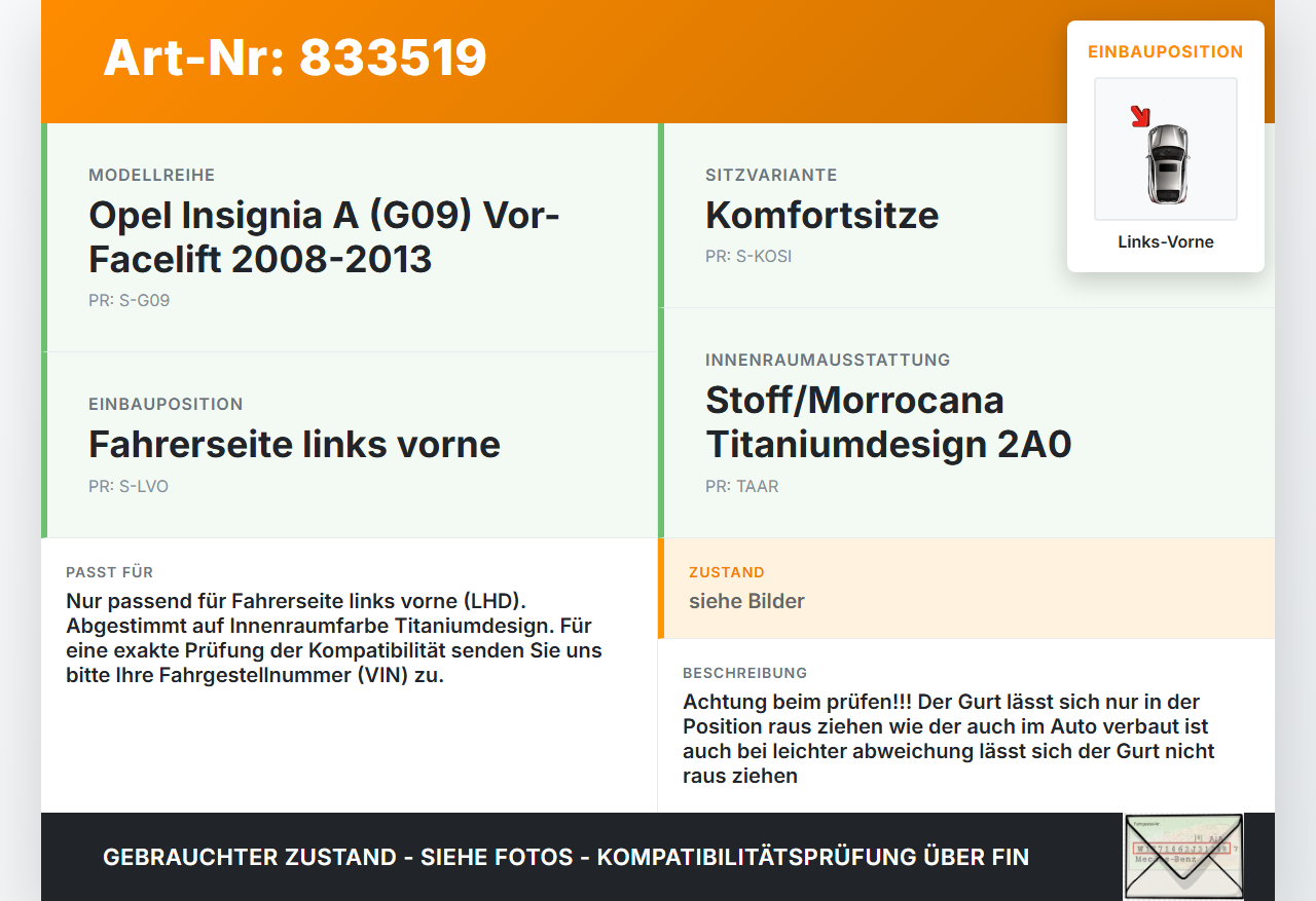 Opel Insignia A G09 08-13 Kombi Gurt Sicherheitsgurt m. Gurtstraffer für Fahrer Links Vorne Opel Insignia A G09... Vorschau 3