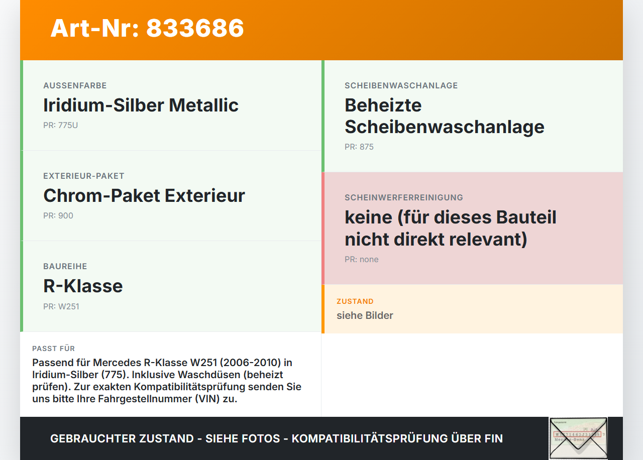 Mercedes R320 W251 4M 06-10 Lufteinlassgitter für Motorhaube mit Waschdüsen 775 Mercedes R320 W251 4M 06-10... Vorschau 3