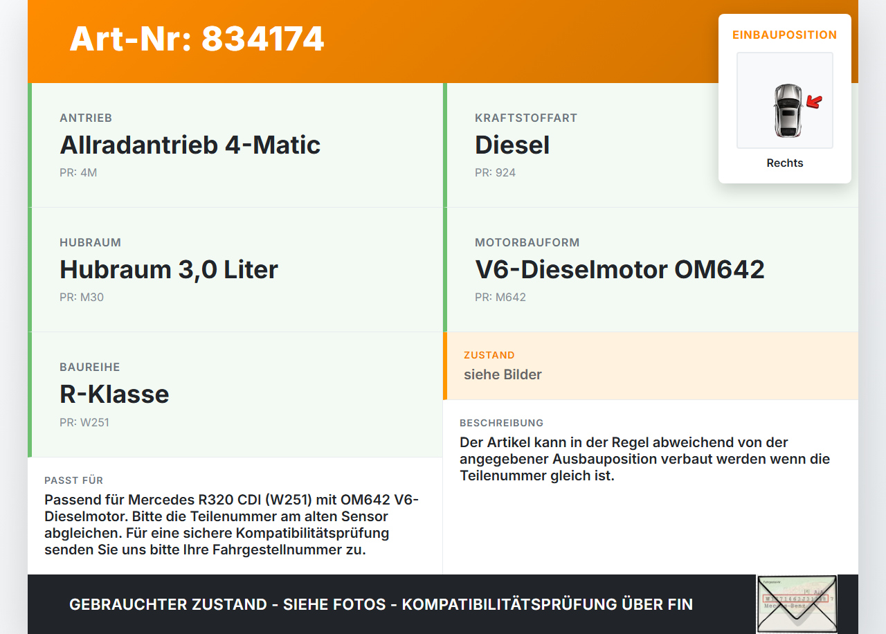 Mercedes R320 W251 4M 06-10 Sensor Drucksensor Kraftstoffdruck Raildrucksensor Rechts Mercedes R320 W251 4M 06-10... Vorschau 3
