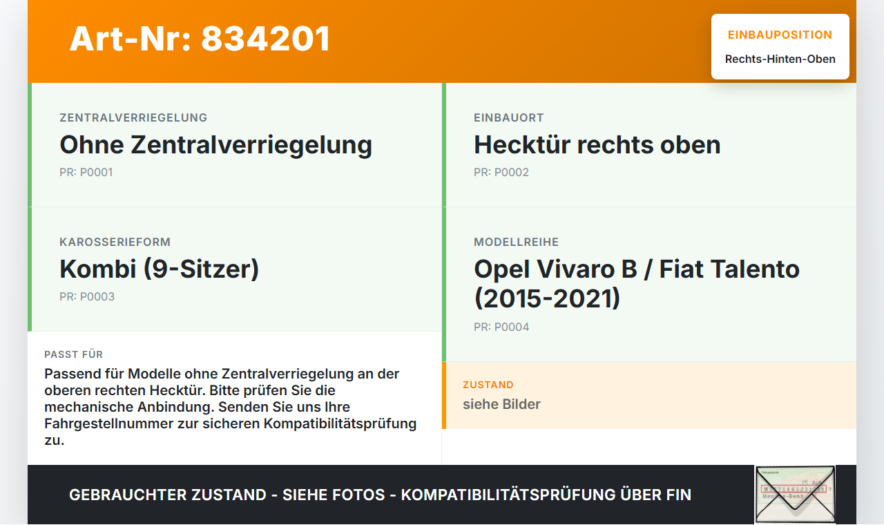 Opel Vivaro B Talento 15-21 Kombi Türschloss ohne ZV Rechts Hinten Oben Opel Vivaro B Talento 15-21 25.07.2016 gebraucht Vorschau 3