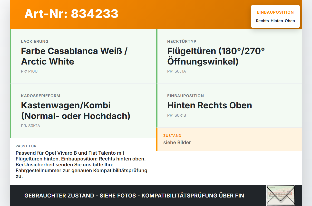 Opel Vivaro B Talento 15-21 Kombi Türscharnier für Flügel Tür Scharnier Rechts Hinten Oben Opel Vivaro B Talento... Vorschau 3