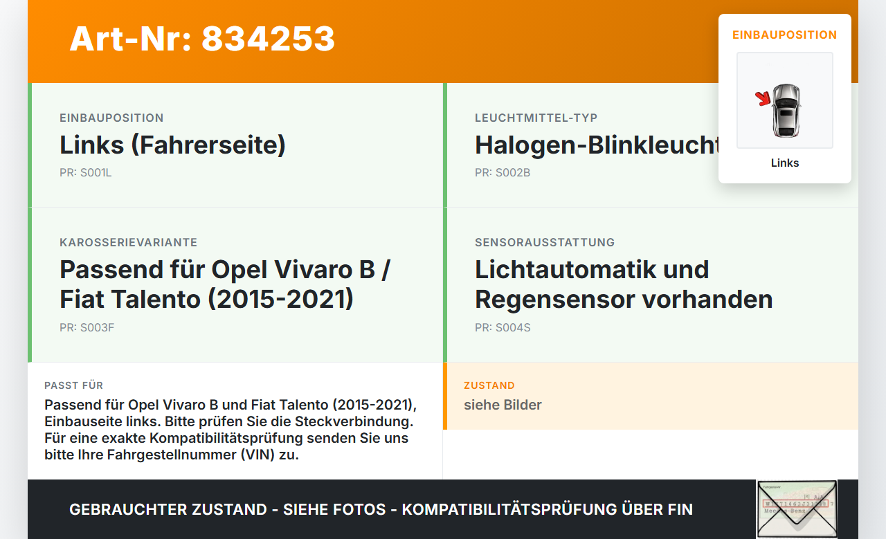 Opel Vivaro B Talento 15-21 Blinker Blinkleuchte Links orig Opel Vivaro B Talento 15-21 25.07.2016 gebraucht Vorschau 3