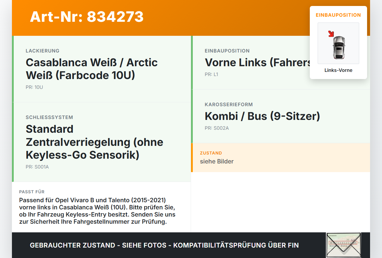 Opel Vivaro B Talento 15-21 Kombi Türgriff Links Vorne Aussen 10U Opel Vivaro B Talento 15-21 25.07.2016 gebraucht Vorschau 3