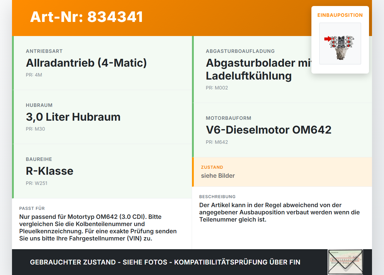 Mercedes R320 W251 4M 06-10 CDI 3,0 165KW 642950 Kolben mit Pleuel Pos E Mercedes R320 W251 4M 06-10 22.12.2006... Vorschau 3