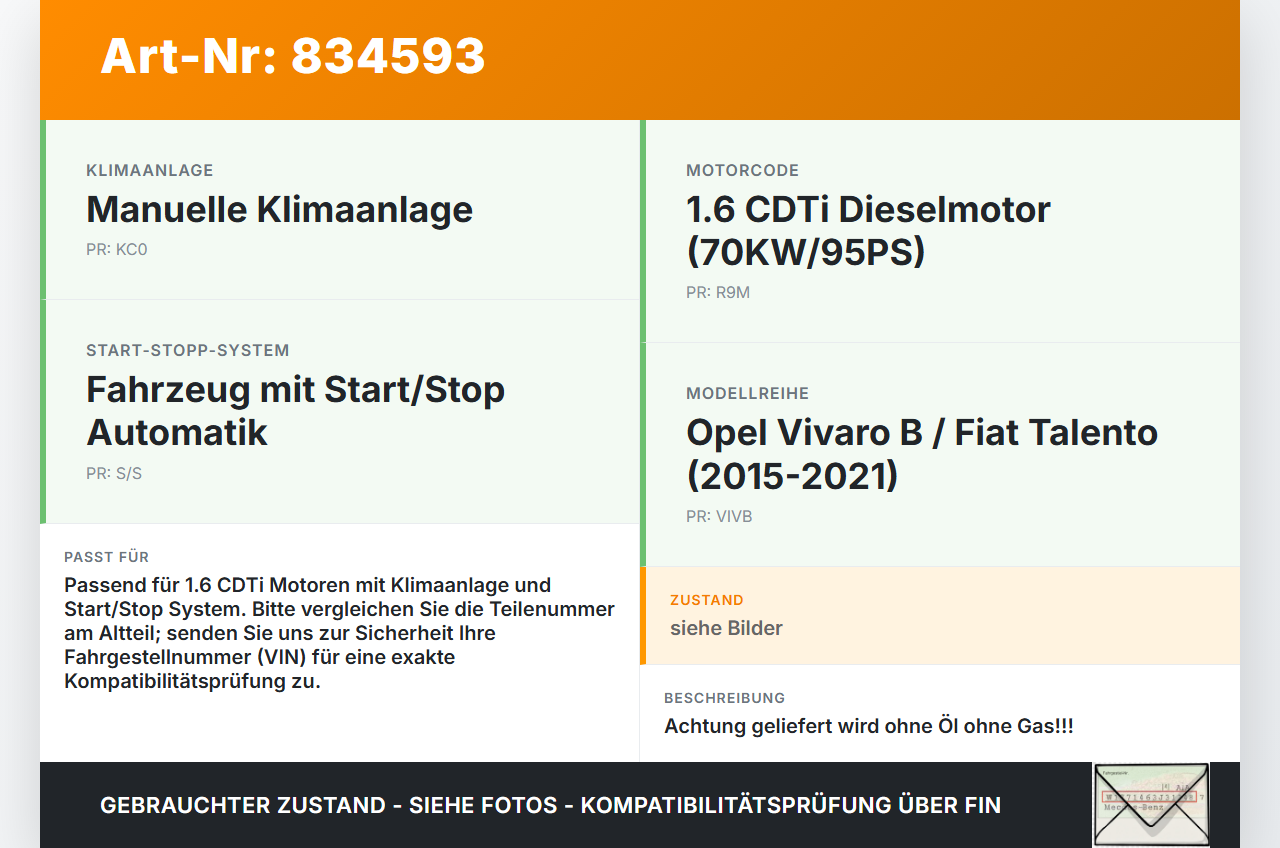 Opel Vivaro B Talento 15-21 CDTi 1,6 70KW Klimakompressor Klima Kompressor 1 Opel Vivaro B Talento 15-21 25.07.2016... Vorschau 3