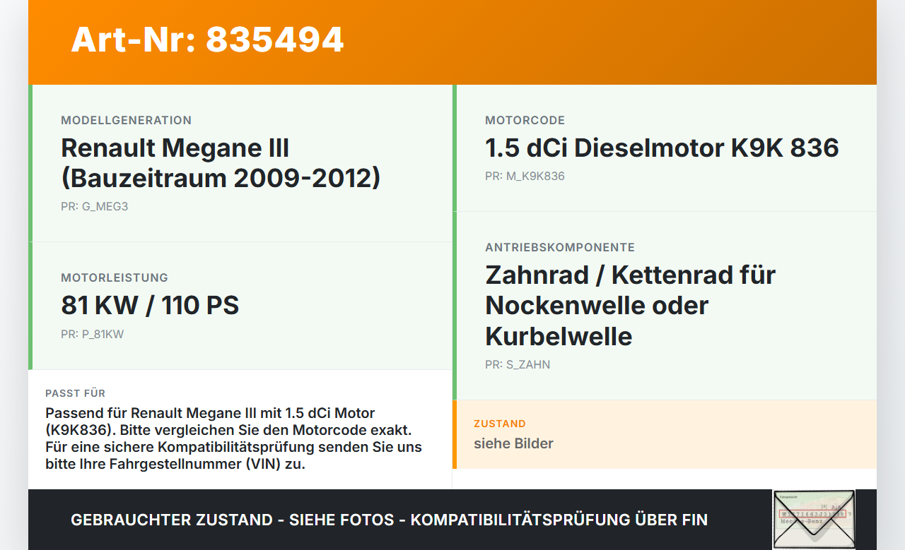 Renault Megane III 09-12 DCi 1,5 81KW K9K836 Zahnrad Renault Megane III 09-12 26.02.2010 gebraucht Vorschau 3