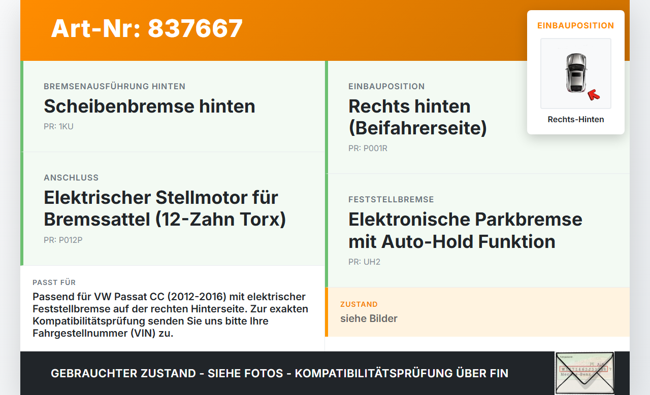 VW Passat CC 12-16 Elektrische Feststellbremse Stellmotor für Bremssattel Rechts Hinten VW Passat CC 12-16... Vorschau 3