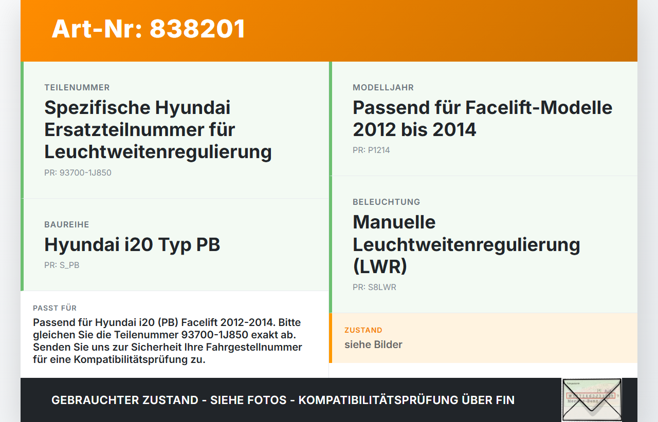 Hyundai I20 PB 12-14 LWR Schalter Leuchtweitenregler Hyundai I20 PB 12-14 10.06.2013 93700-1J850 gebraucht Vorschau 3