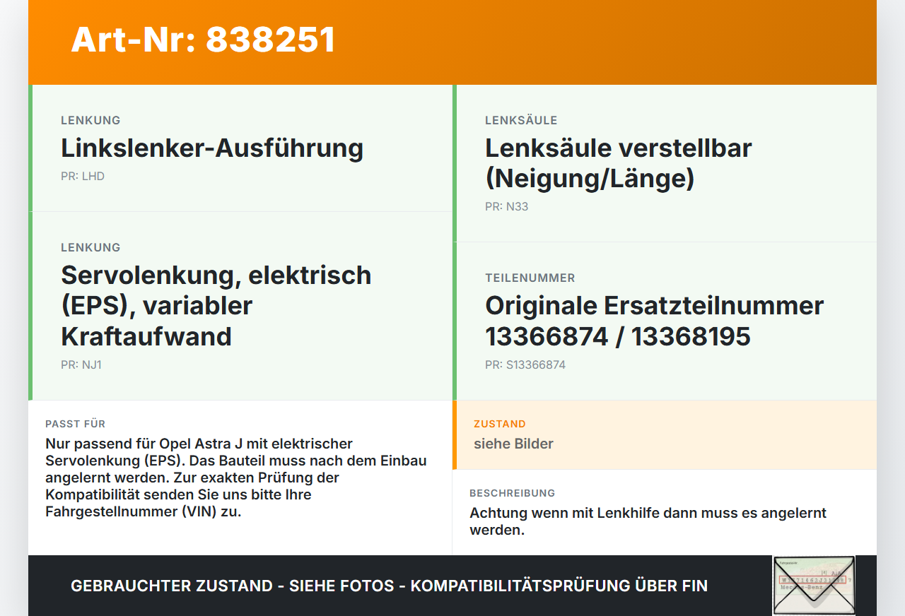 Opel Astra J 09-12 Lenkgetriebe Elektrische Servolenkung 13366874 Opel Astra J 09-12 07.12.2011 13368195 7805974757... Vorschau 3