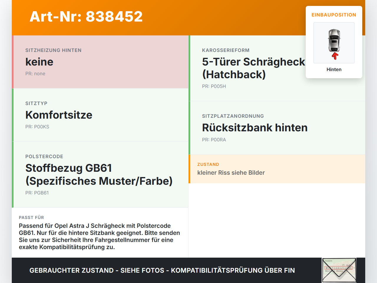 Opel Astra J 09-12 Schrägh Sitzbezug Sitzpolster für Rücksitzbank Hinten Opel Astra J 09-12 07.12.2011 gebraucht Vorschau 3