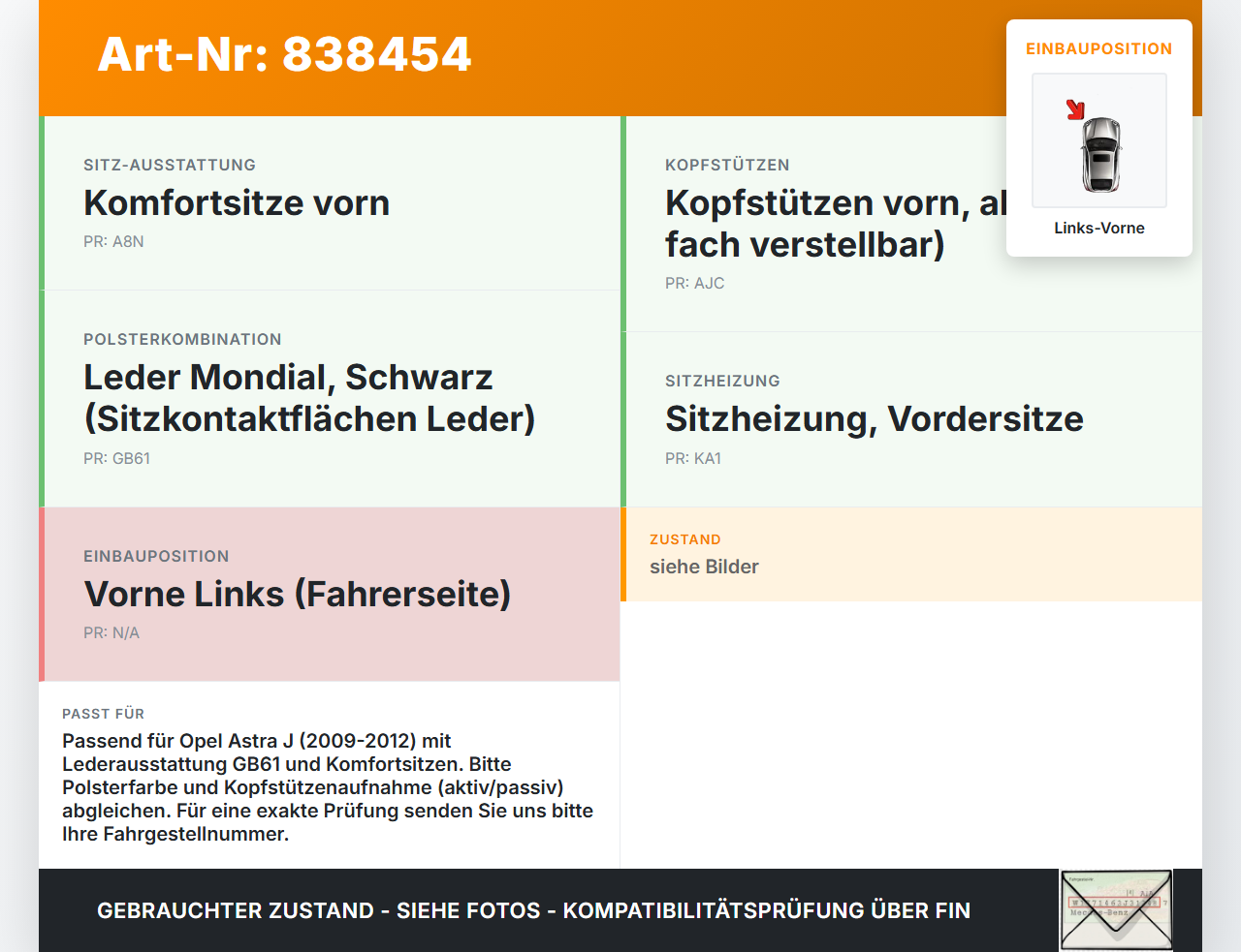 Opel Astra J 09-12 Kopfstütze Leder für Fahrer Sitz Links Vorne Opel Astra J 09-12 07.12.2011 gebraucht Vorschau 3