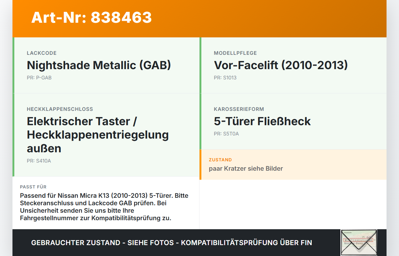 Nissan Micra IV K13 10-13 5T Taster Öffner Griff aussen für Heckklappe GAB Nissan Micra IV K13 10-13 27.02.2013... Vorschau 3