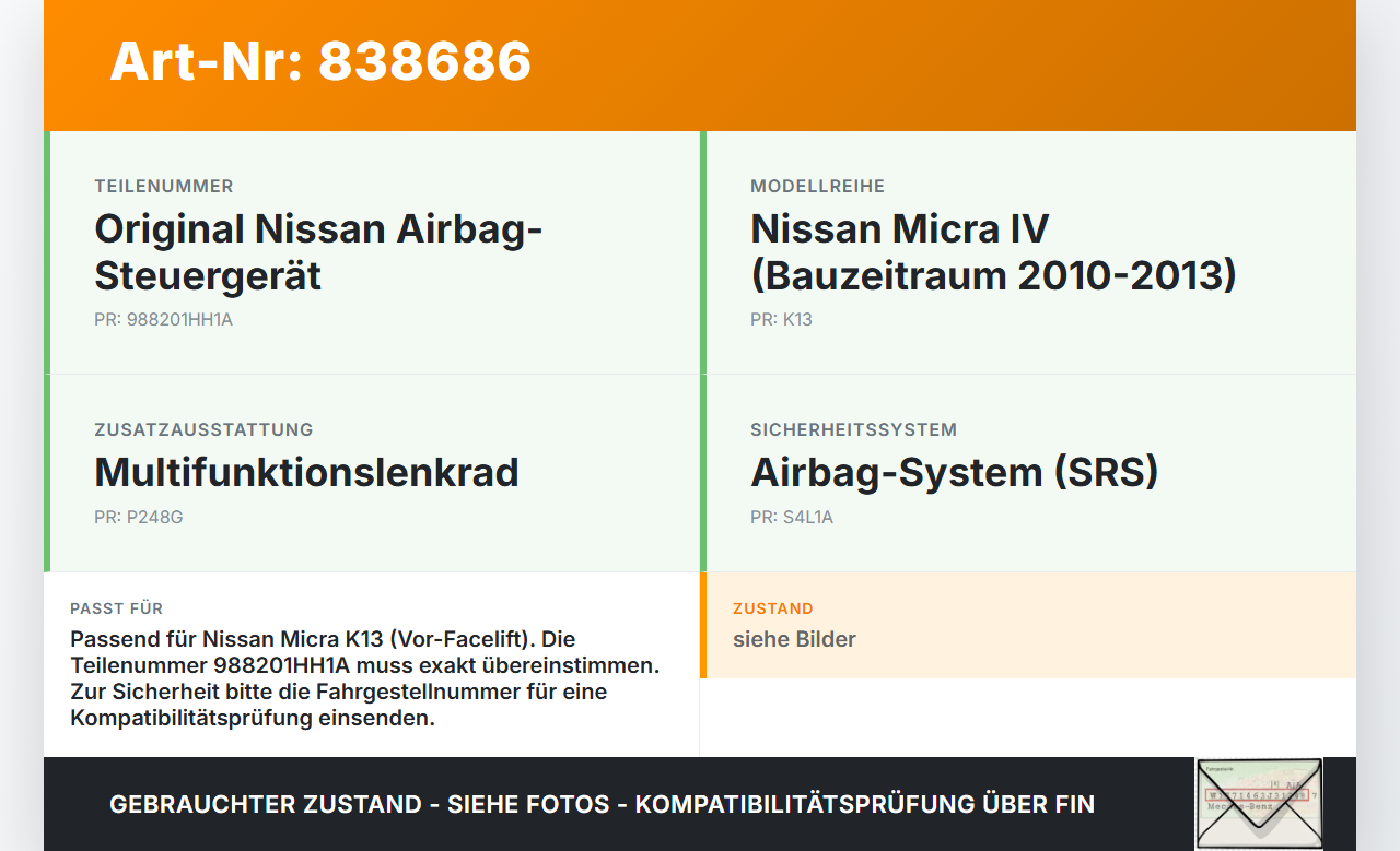 Nissan Micra IV K13 10-13 Airbag Steuergerät Modul Nissan Micra IV K13 10-13 27.02.2013 988201HH1A gebraucht Vorschau 3